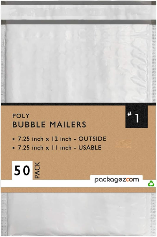 PackageZoom 50 Pcs Poly Bubble Mailers 7.5x12 Padded Envelopes #1 Shipping Envelopes 2.5 Mil