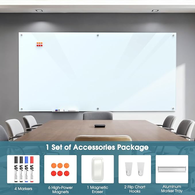 MaxGear 96" x 48" Glass Whiteboard Wall Mounted for Office Home Classroom | Magnetic Glass Dry Erase Board, Tempered Glass, Steel Backed, Non-Porous Surface, Frameless Design, Hardware Included