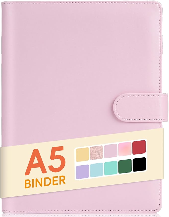Sooez A5 Binder with 6 Rings, Refillable Notebook Planner Cover, Small Leather Organizer, Pink