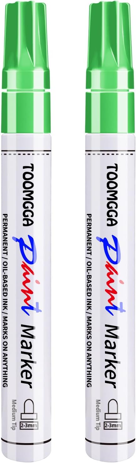 TOOMGGA 2 Light Green Paint Pens Permanent Paint Markers, Oil Based Medium | Marking Pens, Quick Drying, Waterproof, Fade-resistant, for Rock Painting, Car Tyre, Metal, Plastic, Canvas, Mugs, Wood