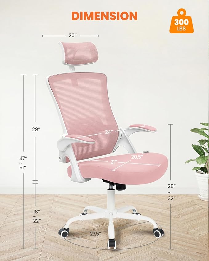 NEO CHAIR Office Chair with Adjustable Ergonomic Lumbar Headrest, Pink | Ergonomic Mesh Back Support with a Height-Adjustable Headrest and Flip-Up Armrests for All-Day Office and Computer Work
