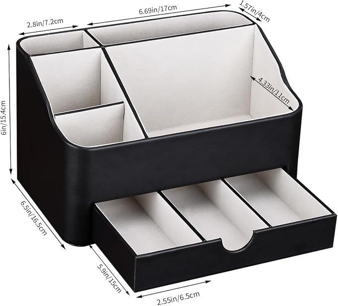 Desk Organizer with Drawer, Multifunction Pencil Holder for Desk, Desk Organizer and Accessories 5 Compartments for Home Office Supplies (Black)