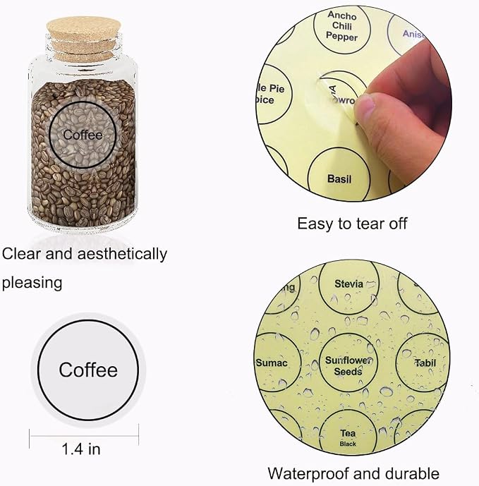 Spice Labels, 432Pcs Spice Labels Stickers 1.4in Waterproof Adhesive Round Preprinted Spice with Blank Label Black Tear Resistant Sticker for Kitchen Jars Caps Food Containers Organizers