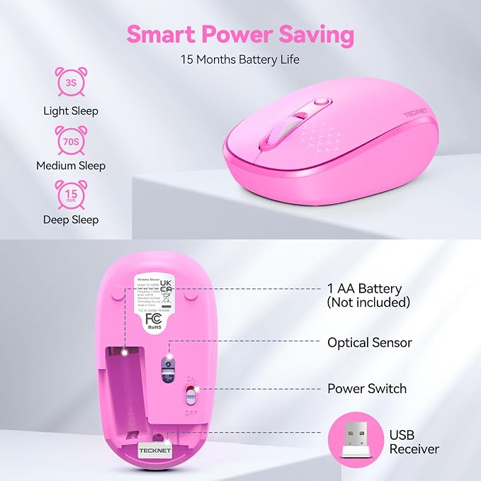 TECKNET Compact Ambidextrous Wireless Mouse for Laptop | 2.4G Quiet Computer Mouse with USB Receiver, 3 Adjustable DPI Portable Cordless Mice for Chromebook, Laptop, PC, Mac