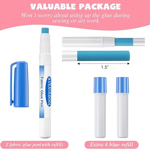 1 Fabric Glue Pen with 2 Refill, Washable Temporary Fabric Sewing Adhesive, Temporary Blue Glue Stick for English Paper, Quilting, Piecing Patchwork Sewing