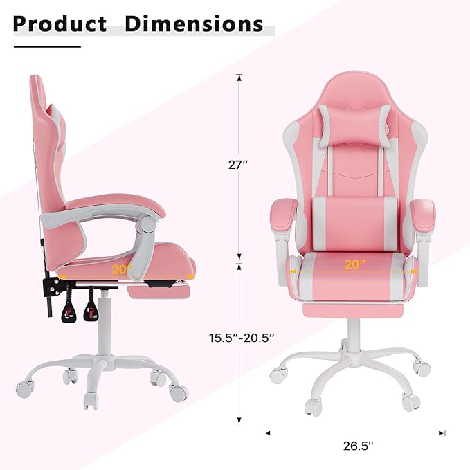 Gaming Chair with Headrest and Lumbar Support, Ergonomic High Back Office Chair, Racing Style Executive Computer Desk Chair, Leather Adjustable Swivel Task Chair for Home Office (Pink White)