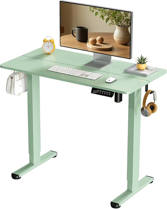 Small Standing Desk, 35" ×20" Electric Standing Table, Height Adjustable Compact Sit Stand Workstation with Splice Board, Home Office Desk with 2 Hooks, Sage Green