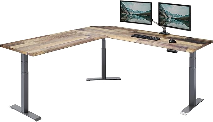 Vari ComfortEdge 80x80 L-Shape Electric Standing Desk – Height Adjustable Sit-Stand VariDesk for Corner Office with Reversible Left/Right Design + Reclaimed Wood Top/Slate Legs (Ships in 4 Boxes)