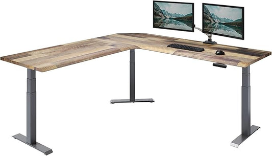 Vari ComfortEdge 80x80 L-Shape Electric Standing Desk – Height Adjustable Sit-Stand VariDesk for Corner Office with Reversible Left/Right Design + Reclaimed Wood Top/Slate Legs (Ships in 4 Boxes)