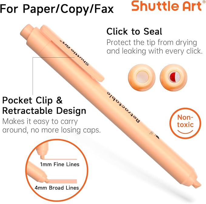 Shuttle Art Retractable Highlighters Assorted Colors, 12 Colors(6 Pastel & 6 Neon)Chisel Tip Fluorescent Markers, Quick-Dry Aesthetic Highlighter Pens for Kids Teens Adults, Perfect for School Office