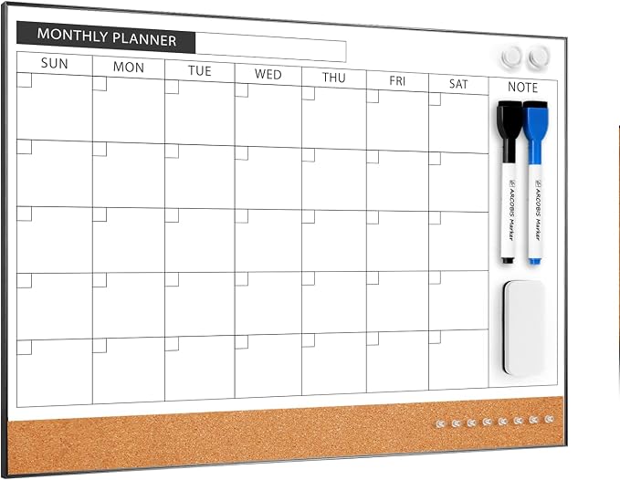 Dry Erase Calendar with Cork Board for Wall | 11.6"x 15.7" Magnetic Calendar Whiteboard with Black Frame, Monthly Combination Board for School, Home, Office