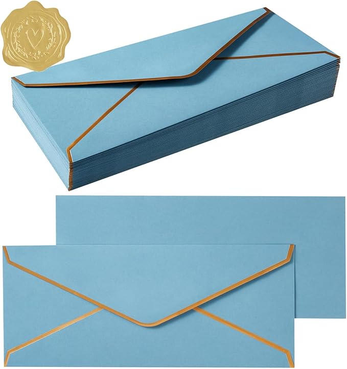 50 Pack #10 Business Envelopes with Gold Border, Self Seal Standard Envelopes with Gold Stickers for Office, Checks, Letter Mailing, Invoices, 4 1/8 x 9 1/2 Inches (Dusty-Blue)