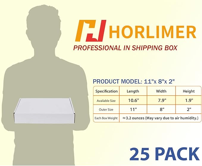 HORLIMER 11x8x2 inches Shipping Boxes Set of 25, White Corrugated Cardboard Box Literature Mailer