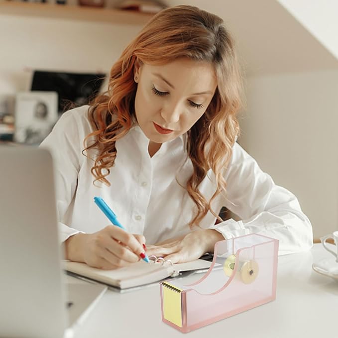 MultiBey Acrylic Pink Tape Dispenser for Desk with 1 Roll Tape, Cute | Heavy Duty Nonslip Base Tape Cutter Holder with 1 Roll Tape | Aesthetic Clear Acrylic Desk Organizer for Office & Home