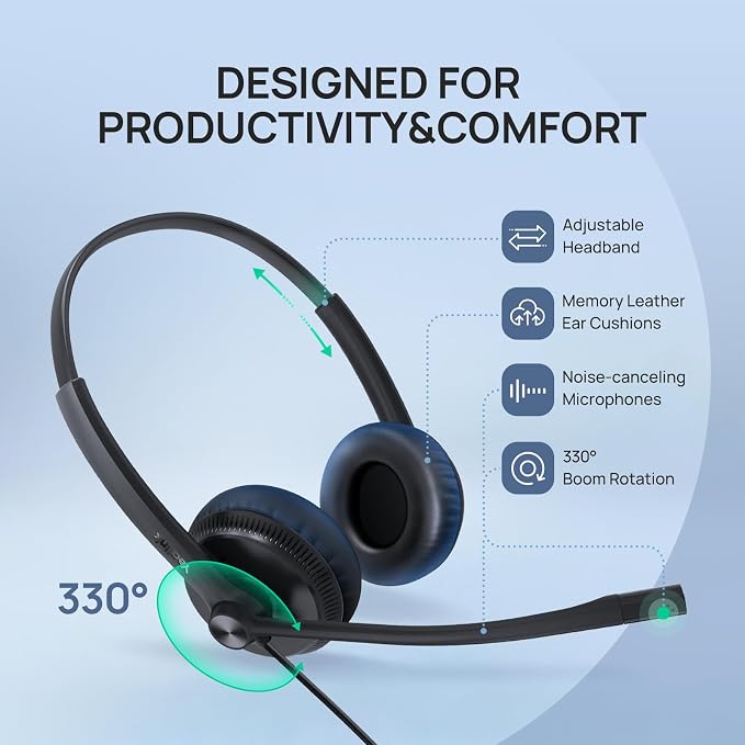 Yealink Phone Headsets for Office Phones YHS34 QD to RJ9 Wired Headset | Leather ear pads,Compatible with Poly Snom Grandstream Phones Desk Landline Headset with Microphone -Mono/72g/2.1m Cable