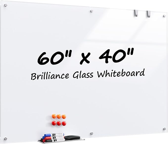 MaxGear Glass Whiteboard Tempered Glass Magnetic Dry Erase Board 60" x 40" | Tempered Glass, Sleek Modern Design, Smooth Writing, Easy Erase, Magnetic Surface, Frameless Design, Wall Mounted, Office Use