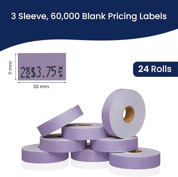 Perco Lavender Pricing Labels for Monarch 1131 Price Gun, 3 Sleeves - Pack of 24 Rolls - 60,000 Price Marking Labels with Ink Rolls Included