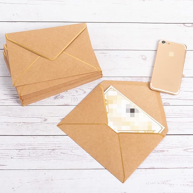 100 Pack A7 Envelopes 5x7 Brown Gold Border 5.32x7.28 Inches | With Gold Stickers, For Wedding Gift Cards, Invitations, Graduation, Baby Shower