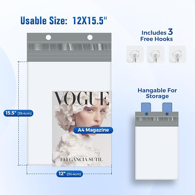 Fuxury Poly Mailers 12x15.5 50PC (Upgraded Version) Shipping Bags for Clothing with Easy-Open Tear Strip & Hangable for Easy Use, Self-Seal Shipping Envelopes Mailing Bags for Small Business in White