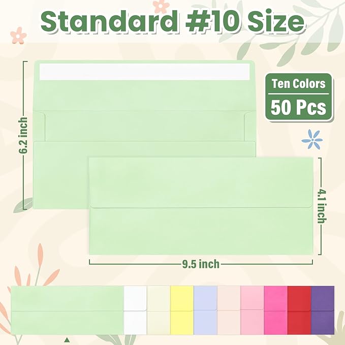 Colorful #10 Business Envelopes Self Seal 50 Pack, Colored Envelopes Letter Size, Standard Mailing Envelope for Office, Checks, Letters, Invoices, Statements, Wedding, 4-1/8 x 9-1/2 inch
