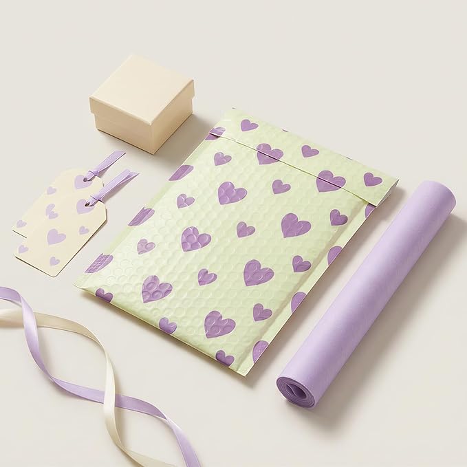 Fuxury Bubble Mailers 6x10" Padded Envelopes 100 Pack Usable Size 6x9"Bubble Envelopes Self Seal Small Padded Mailers for Small Business Shipping Bag, Gifts, Jewelry, Makeup,Purple Heart In Beige #0