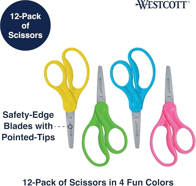 Westcott Right & Left-Handed Scissors For Kids - Back to School Essentials, Classroom Must Haves, Art Supplies - 5-Inch Pointed Safety Scissors - Assorted Colors (ACM13141) (Pack of 36)