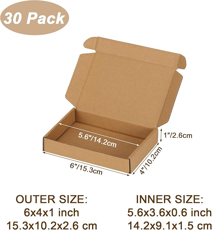 6x4x1 inch Shipping Boxes Set of 30 Brown, Inner Size 5.6x3.6x0.6 inch Cardboard Box Mailers for Small Business Packaging Mailing or Gift Wrapping Giving