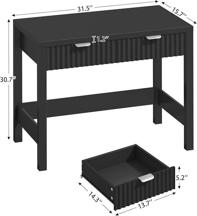 32 Inch Small Fluted Computer Desk with 2 Drawers for Bedroom, Home Office | Small Computer Desk with Drawers, Compact Writing Study Desk Storage for Small Spaces, Black