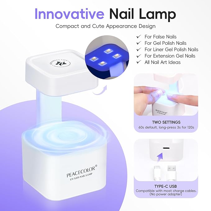 PEACECOLOR Square Gel Nail Kit, 240pc Short Medium False Nail Tips for Extension 2 Colors Jelly Gel Polish with U V Light Nail Glue Nails Art Stickers Rhinestones Easy DIY for Women Home Salon DIY