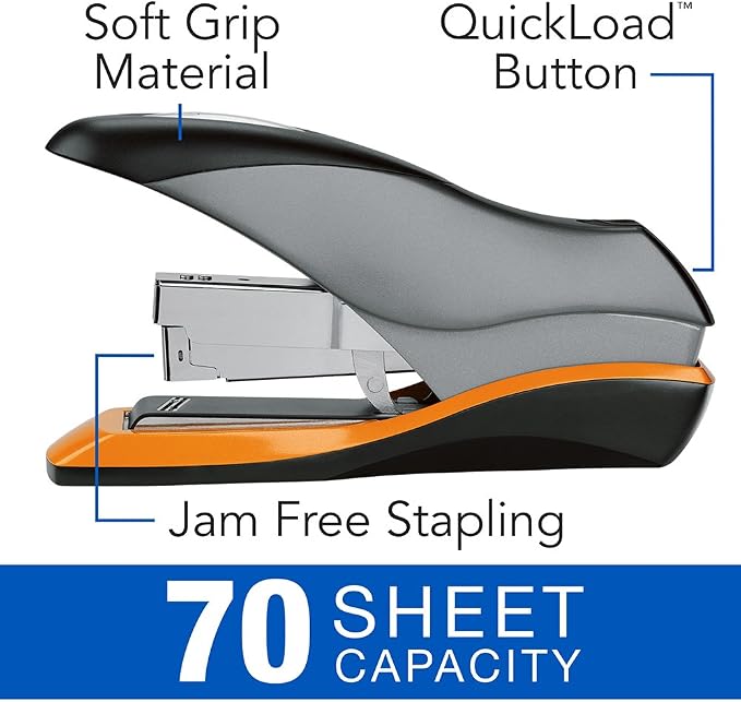 Swingline Stapler, 70 Sheet Capacity, Optima 70, Jam Free, Reduced Effort, Soft Grip, Metal, Silver, Black and Orange (87870) (Pack of 3)