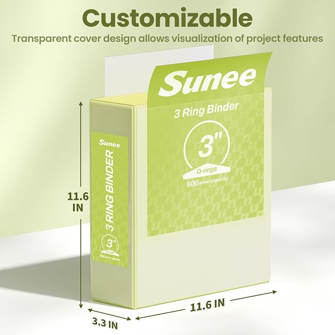 SUNEE 3 Ring Binder 3 Inch 1 Pack, Clear View Binder Three Ring PVC-Free (Fit 8.5x11 Inches) for School or Office Supplies, Light Yellow