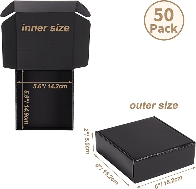 ZBEIVAN 6x6x2 Black Shipping Boxes Set of 50, Corrugated Cardboard Mailer Boxes for Packaging Small Business Mailing Gifts