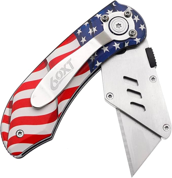 Utility Knife Folding Safety Lock Quick Change with 10 Extra SK5 Replacement Blade Lightweight Aluminum Handle & Pocket Clip Multi-Use Box Cutter Office Home Art Diy Great Gift Choice (New.Flag)