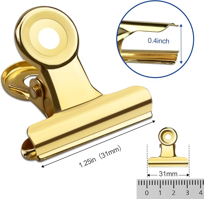 30 Pack Small Bull Clips 1.22 Inch Mini Metal Hinge Clips Binder Paper Hinge Clip for Office, Home, School, Shops, Gold, 31mm