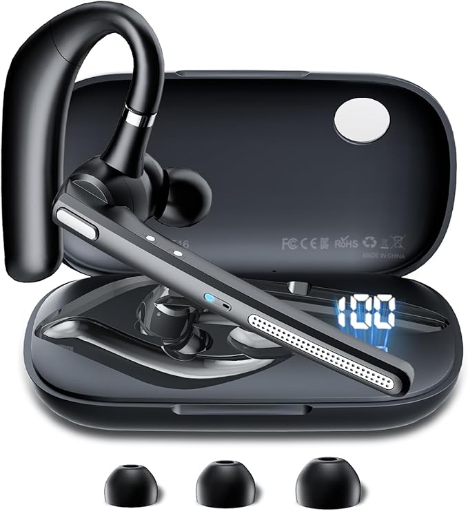 Bluetooth Headset V5.3, Wireless Earpiece with 500mAh Charging Case 72 Hrs Talking Time Hand-Free Headphones with Noise Canceling Mic for Office/Driving/Business/Trucker,Black