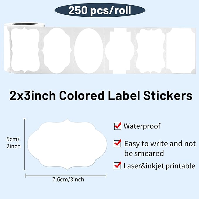 White Labels - 250 PCS 3" x 2" Fancy Shape Stickers for Storage Box or Food Jars