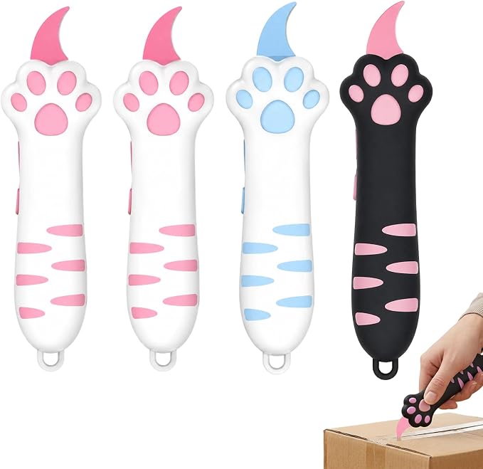 4PCS Cat Paw Box Cutter, Retractable Cat Claw Knife, Four Pack with Pink Blue Black Colors, Portable Package Opener for Unboxing and Office Use, Compact Design with Ergonomic Handle
