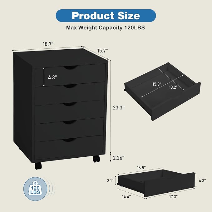 OLIXIS 5 Drawer File Cabinet with Wheels, Under Desk Storage Printer Stand | 15.75"D x 18.74"W x 25.39"H, Holds Printer, Office Supplies, Not For Hanging Files, For Home Office Study Use Balck