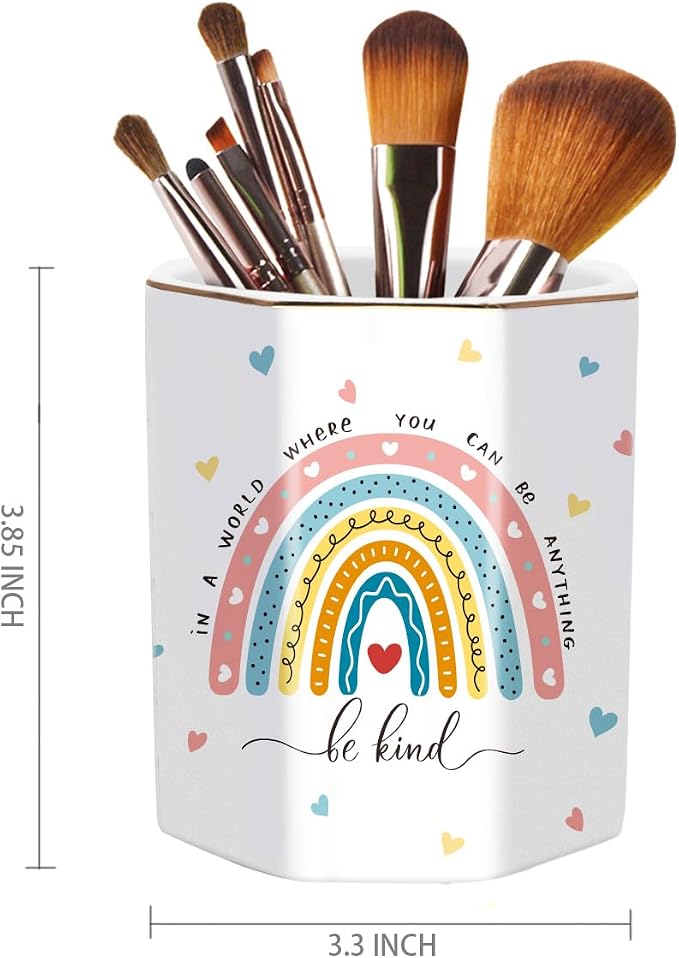 Pen Holder for Desk, Cute Ceramic Pencil Holder, Pen Cup Marker Holder Makeup Brush Holders, Desk Accessories & Workspace Organizers for Office, Home, Rainbow Pattern