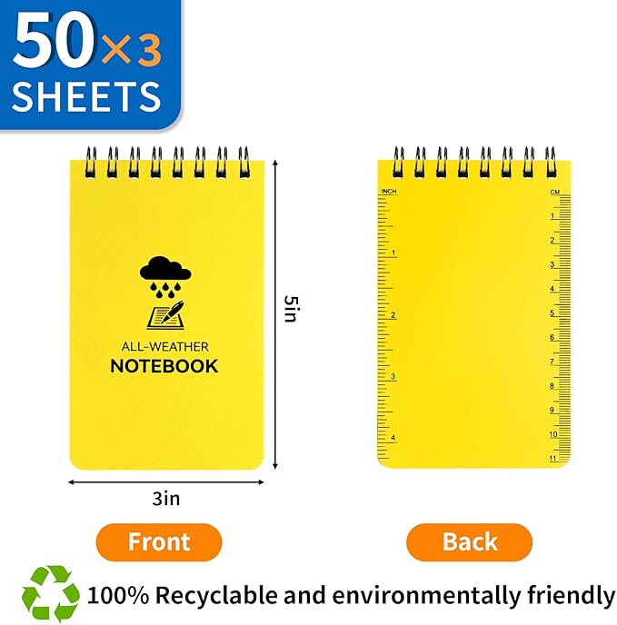 3 Pack Waterproof Notebook, 3 x 5 Pocket Notepad, All Weather Small Pocket Notebook Paper, Mini Spiral Notepad Police Notepad 100 Lined Pages for Outdoor Office