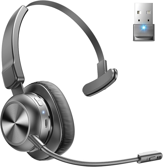 Trucker Bluetooth Headset, Wireless Headset with Microphone | USB Dongle, On Ear Bluetooth Headphones with AI Noise Cancelling 50H Playback Mute Button for Truck Driver Office Work, Ash