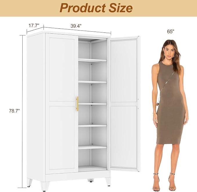 79" White Metal Storage Cabinet with 2 Doors and 5 Adjustable Shelves,Steel Garage Tool Cabinet, File Cabinet,Kitchen Pantry Cabinet for Home,Office,Garage,School,Warehouse