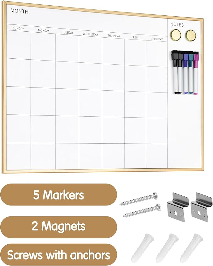 VUSIGN Magnetic Monthly Calendar Whiteboard, 17'' x 23'' Dry Erase Calendar for Wall Office School Home, Gold Wooden Frame