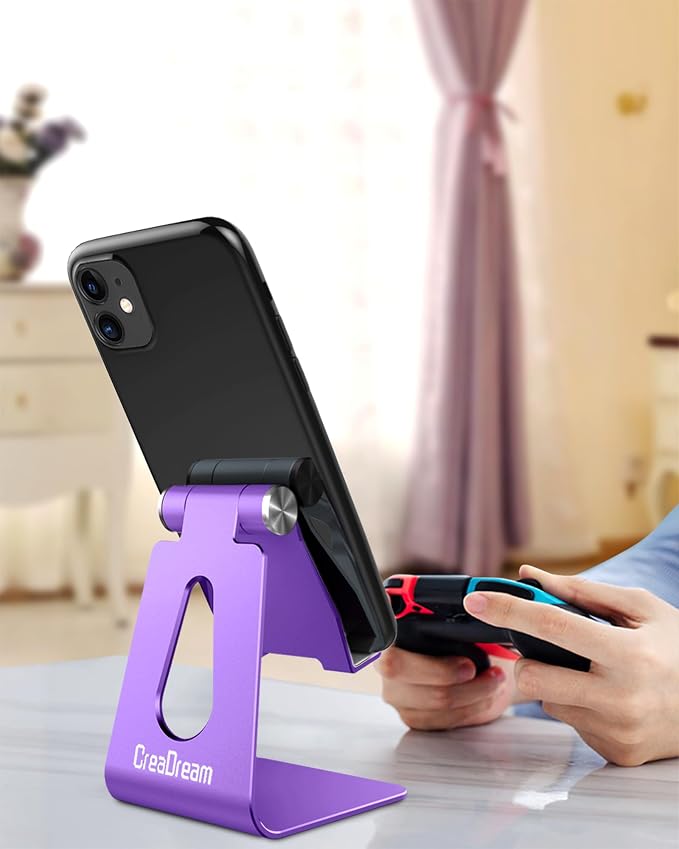 CreaDream Aluminum Cell Phone Stand, Adjustable Phone Holder for Desk | Adjustable Viewing Angle, Desktop Stand, Stable Base, Fits iPhone 17 16 15 14 13 Pro Max Desk Accessories, Dark Purple