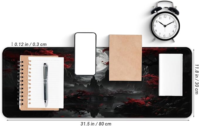Gaming Mouse Pad with Anti-Slip Rubber Base, Extended Large Computer Mouse Mat with Stitched Edges, Long XL Anime Mousepad for Laptop and Keyboard, 31.5 x 11.8 inch (Dark Full Moon)