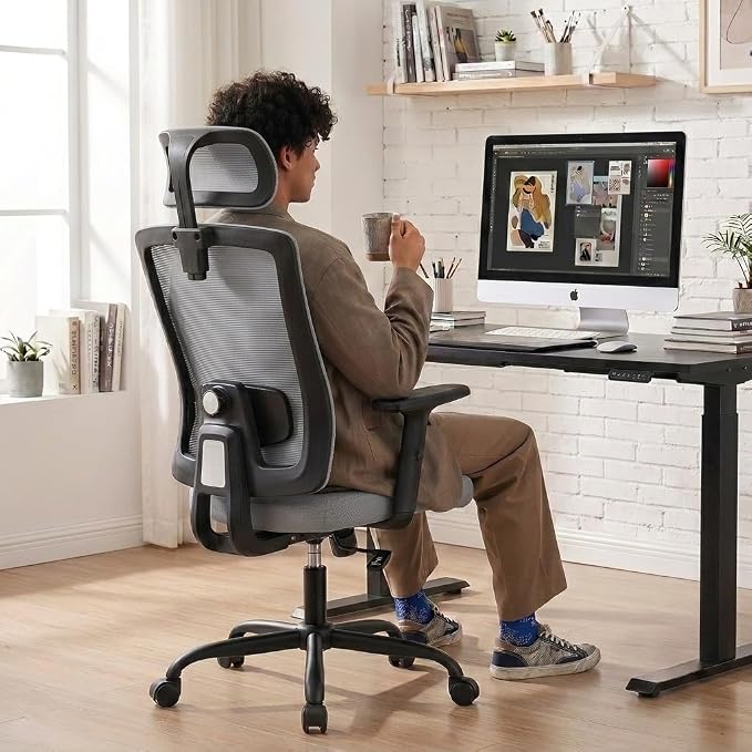 Shintenchi Mesh Office Chair, Ergonomic Home Office Desk Chair with Adjustable Lumbar Support, Headrest, 90°-135° Tilt, Computer Chair for Home Office, Gray Task Chair