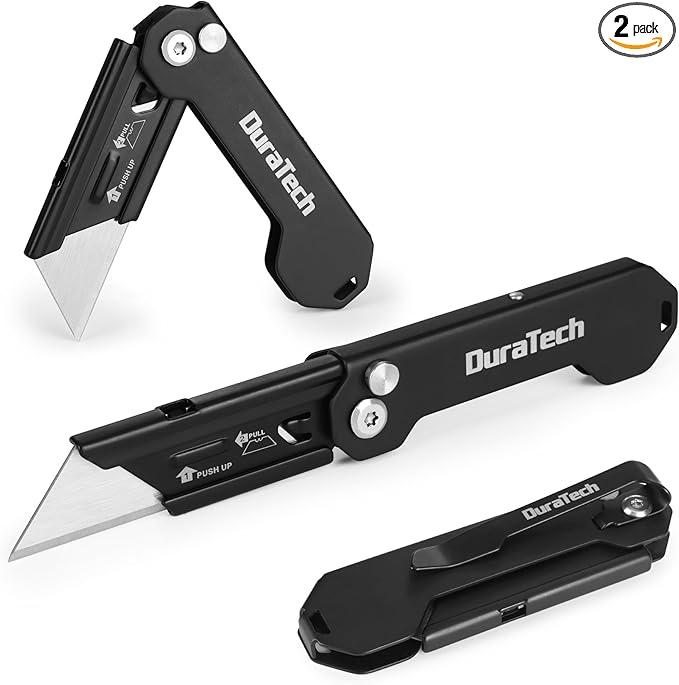 DURATECH 2-Pack Folding Utility Knife, Mini Box Cutter with Safety Axis Lock, Belt Clip, Quick-change Blade Mechanism, Full Stainless Steel Body and SK5 Sharp Blade, EDC Pocket Knife Gifts for Men