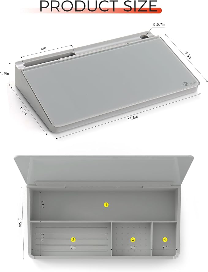 TOWON Compact Glass Desktop Whiteboard with Storage 12x7 in, Gray | Dry erase writing surface, 5 markers, eraser and holder included, for the office, home or school desk