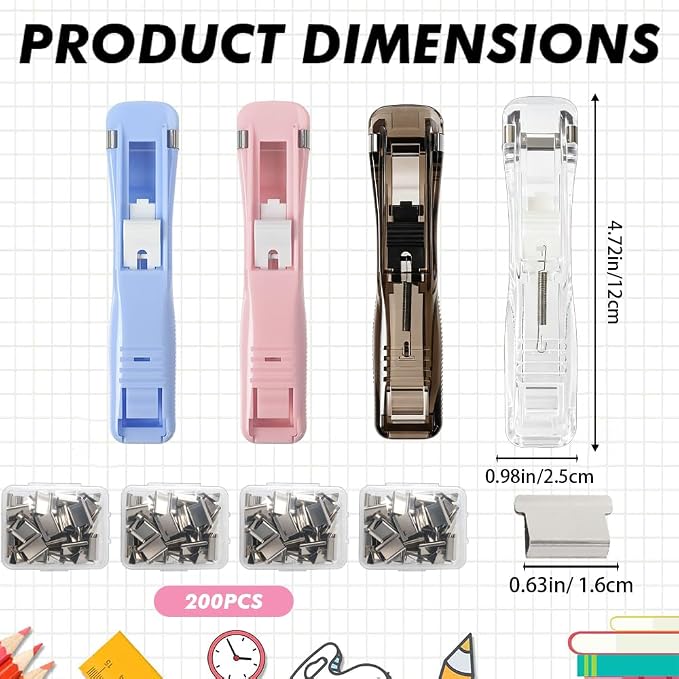 Portable Binder Clip Stapler, 4 Pcs Handheld Paper Clam Clip Dispenser, Staple Free Clips Binder Set with Metal Refill Clips for Home School Office Fixing Documents, Clear Black Pink and Macaroon Blue