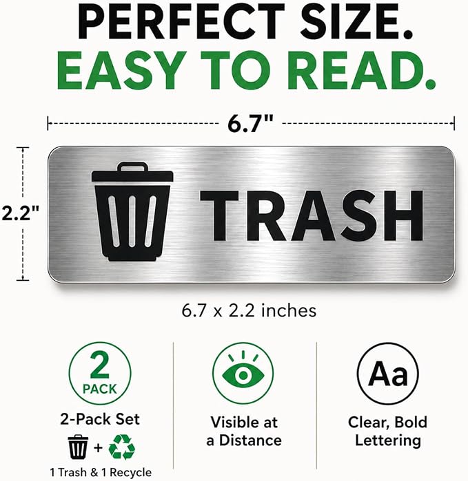 GRITKULTURE Premium Trash & Recycling Stickers for Bins – 2 Pack Metallic Look Printed Labels (Not Real Metal) – Clear Waste Sorting Decals for Kitchen, Office & Garage – Waterproof Vinyl, Easy Peel & Removable(1)